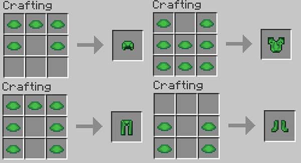Imagen donde podemos ver cómo se fabrican las diversas piezas de armadura de tortuga que añade el mod Full Turtle Armor.