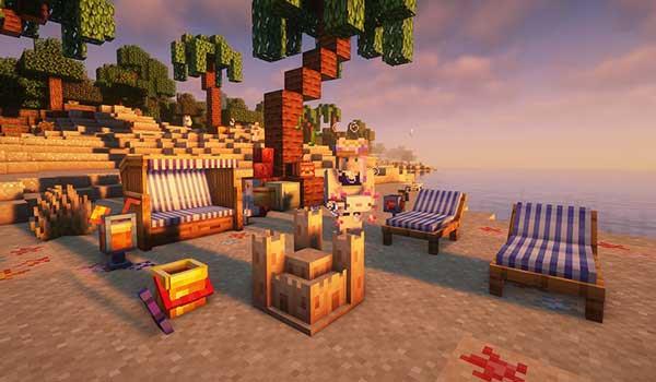 Imagen donde podemos ver una exposición de algunos de los bloques y objetos playeros que nos ofrece el mod Beachparty.