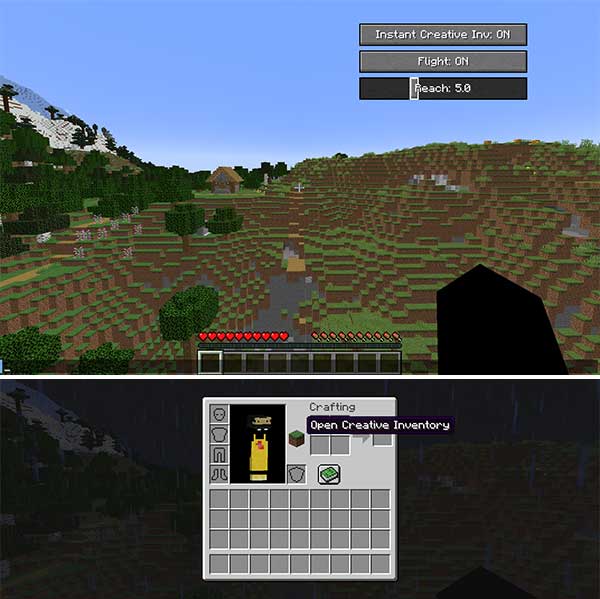 Imagen compuesta donde podemos ver cómo un jugador accede a los trucos o trampas para servidores que añade el mod Cheat Mode.
