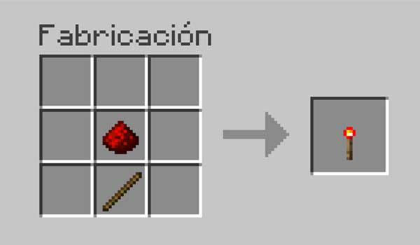 imagen donde podemos ver cómo deben colocarse los objetos necesarios para hacer una antorcha de Redstone en Minecraft.