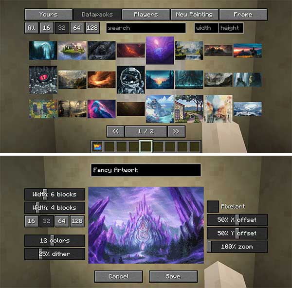 Imagen compuesta donde podemos ver algunas de las opciones que nos ofrecerá el mod Immersive Paintings.