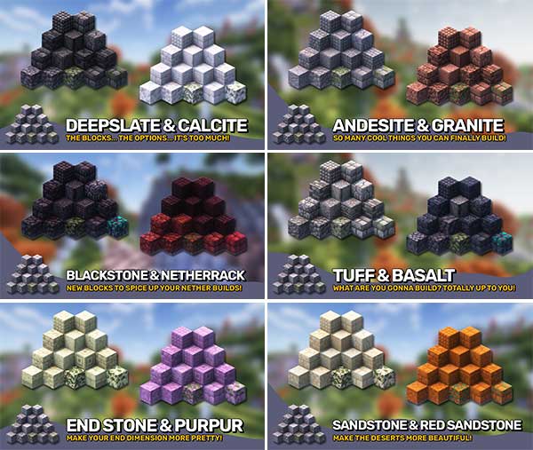 Imagen compuesta donde podemos ver algunos ejemplos de las nuevas variantes de bloques de piedra que podremos hacer con el mod Stoneworks.