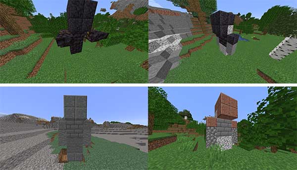 Imagen compuesta donde podemos ver cuatro ejemplos de las estructuras que generará el mod Structural Statues.
