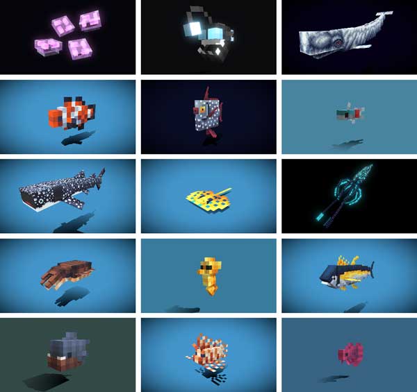 Imagen donde podemos ver algunas de las nuevas especies de animales marinos que añadirá el mod Variety Aquatic.