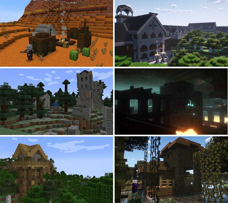 Imagen compuesta donde podemos ver seis ejemplos del nuevo tipo de estructuras, en formato mazmorra, que añade el mod Dungeons and Taverns.
