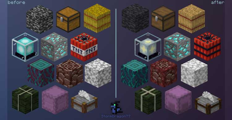 Imagen donde podemos ver una comparativa con los cambios que el paquete de texturas Stormilla realizará sobre la apariencia de diversos bloques.