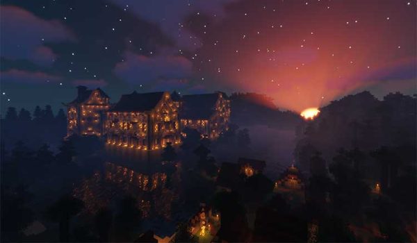 Imagen donde podemos ver un enorme castillo, generado por el mod The Lost Castle, al anochecer.
