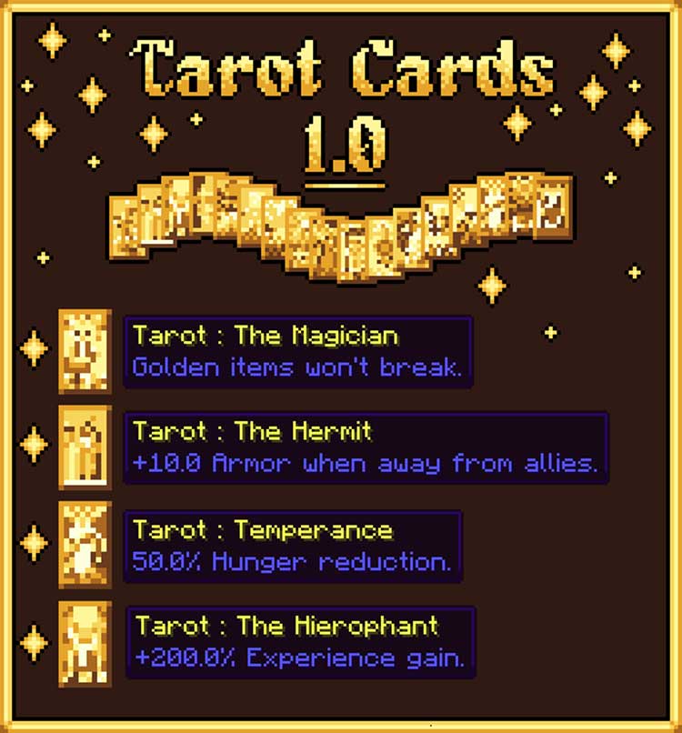 Imagen donde podemos ver una descripción de algunas de las cartas del tarot que podremos utilizar con el mod Tarot Cards instalado.