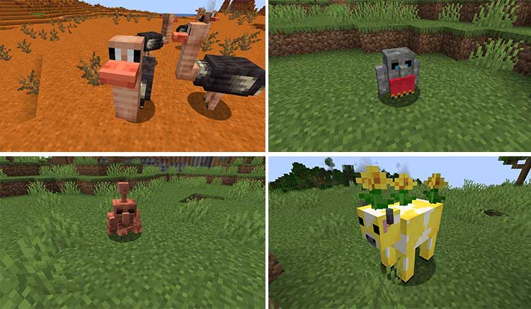 Imagen compuesta donde podemos ver cuatro ejemplos de criaturas añadidas al juego por el mod Lost Features.