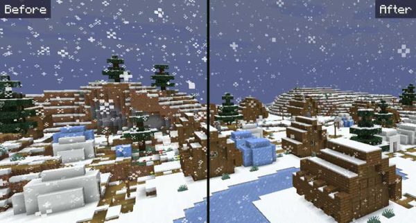 Imagen donde podemos ver un antes y después de instalar el paquete de texturas Soft Weather durante una nevada.