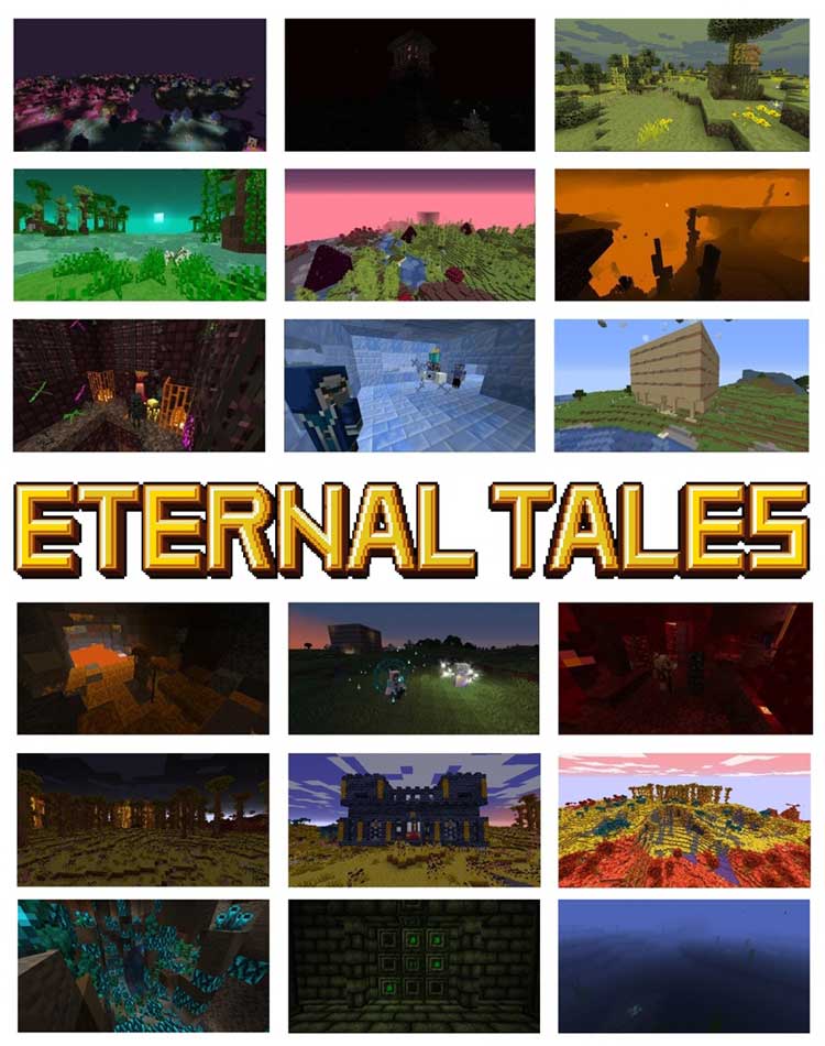 Imagen compuesta donde podemos ver varios escenarios, biomas y estructuras generadas por el mod Eternal Tales.