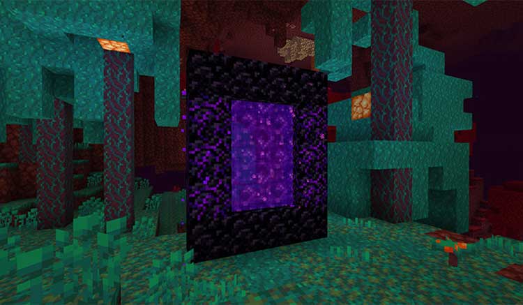 Imagen donde podemos ver un portal del Nether fabricado con bloques de obsidiana y bloques de obsidiana llorosa, gracias al mod Crying Portals.