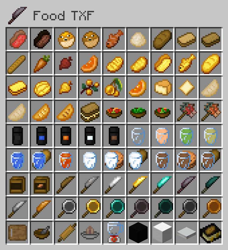 Imagen donde podemos ver los nuevos bloques, objetos y elementos que añade el mod Food TXF a Minecraft.