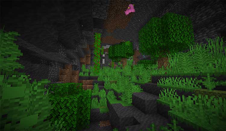 Imagen donde podemos ver la apariencia del bioma de jungla subterránea que añade el mod Underground Jungle.