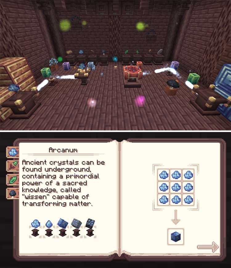 Imagen compuesta donde podemos ver algunos de los elementos, y la guía del mod, que añade el mod Wizard's Reborn.