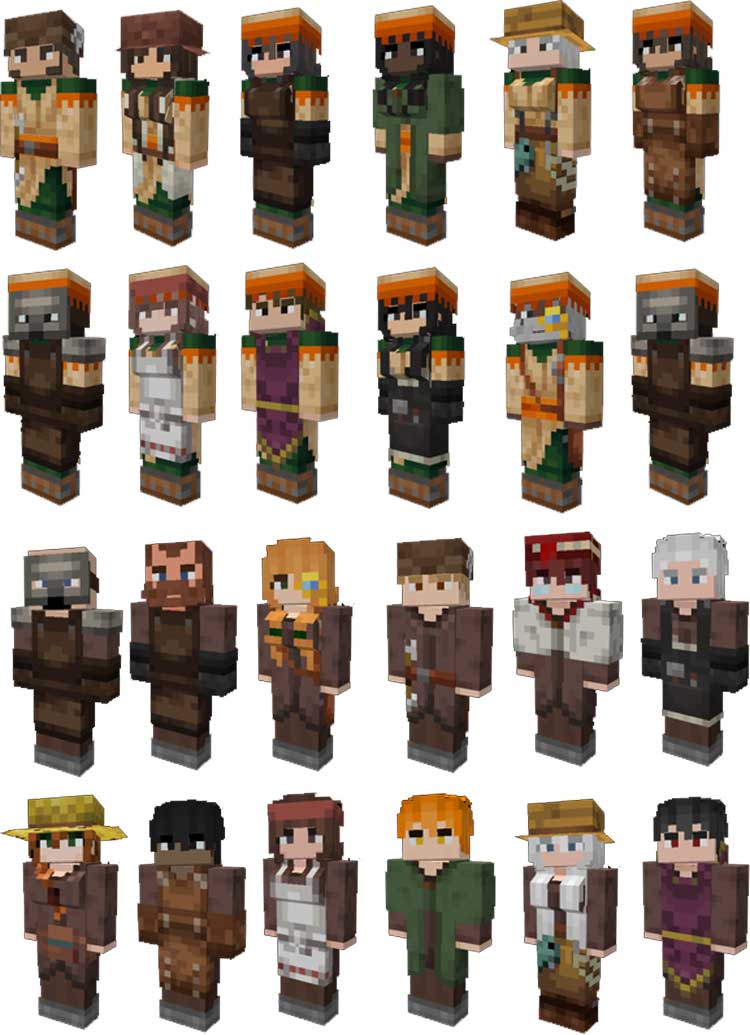 Imagen compuesta donde podemos ver varios ejemplos de los nuevos aldeanos, con apariencia humana, que añade el paquete de texturas Human Player Villagers.