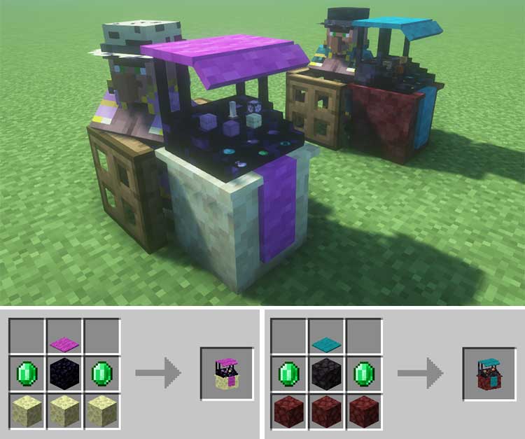 Imagen donde podemos ver los nuevos comerciantes dimensionales que añade el mod Dimensional Trade Villagers, y sus recetas de elaboración.