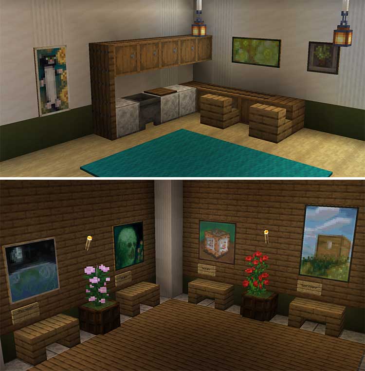 Imagen compuesta donde podemos ver dos habitaciones decoradas con los cuadros y pinturas que añade el mod Portfolio.