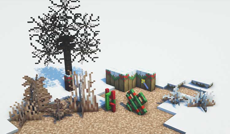 Imagen donde podemos ver una exposición con los bloques y objetos invernales que añade el mod Decorative Winter.