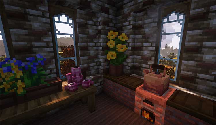 Imagen donde podemos ver una tetera en un horno y algunas de las plantas y flores que añade el mod Herbal Brews.