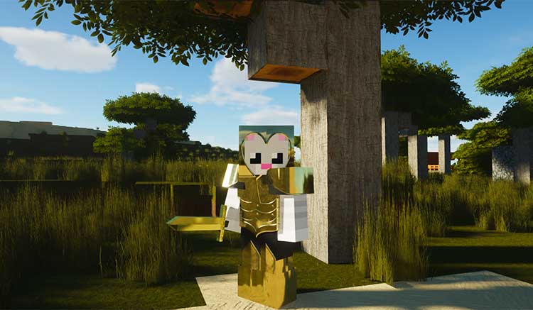 Imagen donde podemos ver un jugador, con armadura, en medio del bosque. Todo decorado con ModernArch Texture Pack.