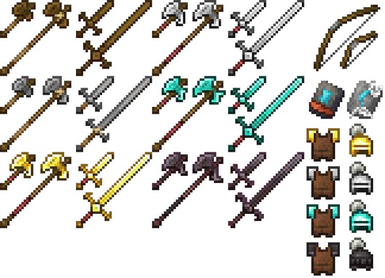 Imagen donde podemos ver una exposición de todas las armas y armaduras que ofrece el mod Sniff's Weapons.